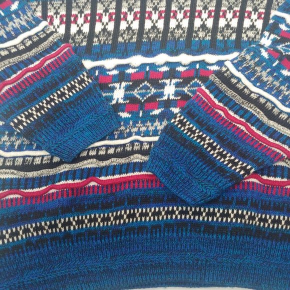 Vintage 90s Mache Men M Oversized Sweater Pullover Textured Knit Geometric Blue - Picture 2 of 9